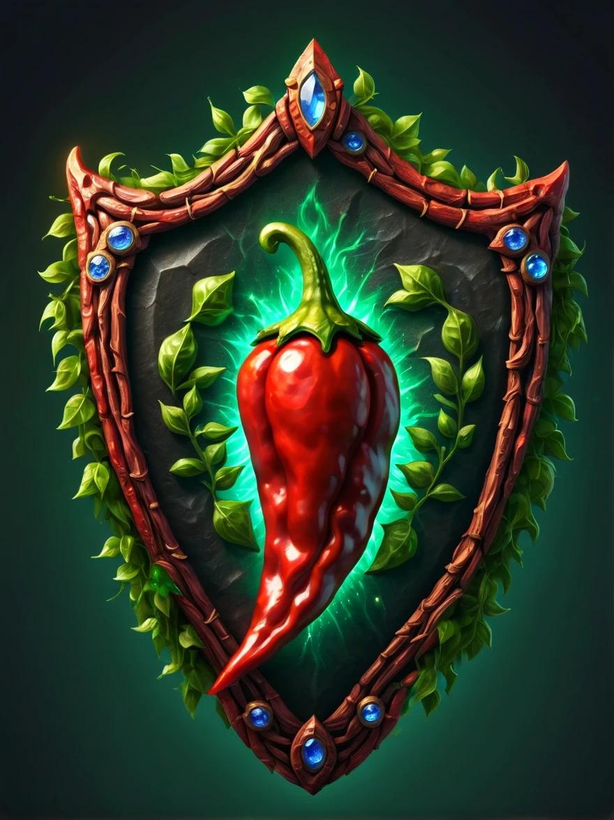 High quality concept game art of the fantasy Chili Pepper Shield, simple background, extremely detailed, glowing transparent gemstone power, made from intricate Chili Pepper vines, concept weapon art