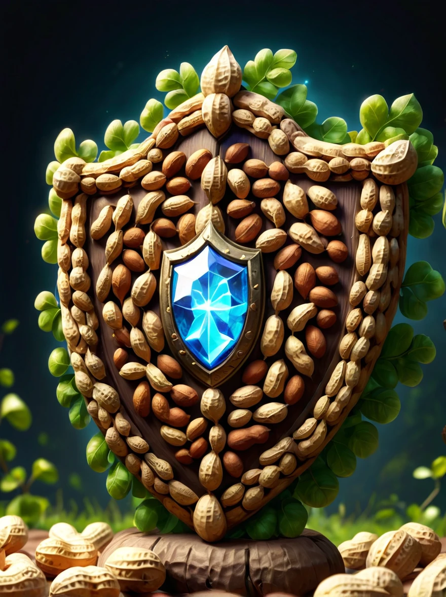 High quality concept game art of fantasy Peanuts shield, simple background, extremely detailed, glowing transparent gem powers, made of intricate Peanut vines, concept weapon art