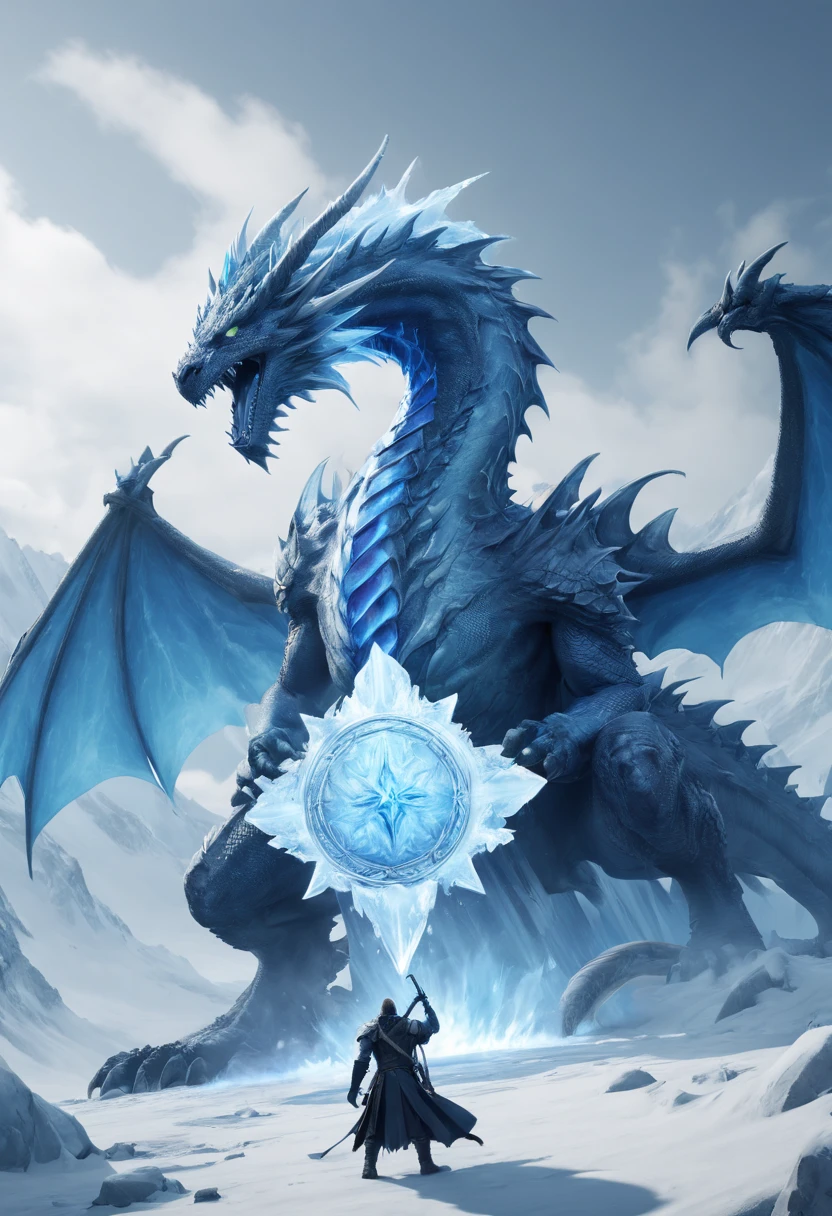 An ice dragon spewed blue flames to a Two_handed_shield, Ice and snow, ice fields, (best quality, masterpiece, Representative work, official art, Professional, unity 8k wallpaper)