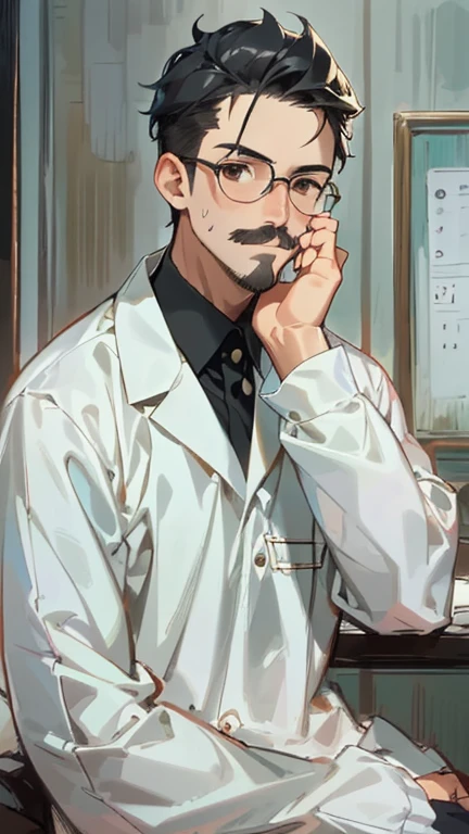 masterpiece, 最high quality, high quality, man 1、30 years old,alone, male focus, Appears to be thinking, whole body, face with mustache, Undisturbed black hair styled with pomade, brown eyes, wearing glasses, doctor、white clothes、white clothesを着ている、arms crossed