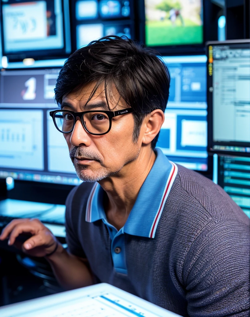 50 year old Japanese man、175cm、68Kg、long face、Mixed with gray hair、short hair、Looks like baseball player Ichiro、Sports system、square glasses、Dark blue polo shirt、A little chest hair is visible、desk work on computer、30 degree right angle、background bokeh、Programming source code on background display、The whole face is shown（My hair hasn&#39;t been cut either）、A face that people like、Charming