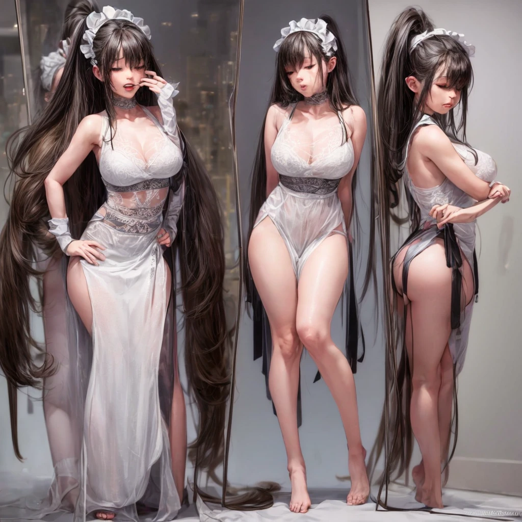 ( Masterpiece:1.25, exposed:1.2, White and vivid colors, Acutance),{ navel | pretty Ass | Detailed open crotch | Delicate lace knitted wear }, (tiny sexy junior idol), ((face variations)), portrayed in the best quality and high resolution. The image should be ultra-detailed, ( realistic, and photorealistic with a touch of rawness ). under the mesmerizing back lighting, (Dazzling and delicate stained glass Background). (concept art). enhancing the overall visual impact. Whole Body proportions and all limbs are anatomically accurate, (erected nipple:-0.9). maid victorian, maid apron, straight face, dazed, Body position: Standing, straight, symmetrical, barefoot, Lustful smile on face with red blush, big mouth, red blindfolded with a red blindfolded, blinfolded eyes, red tattoo slave, female restraint, chained, red tattoo slave, muscular abs, slender, medium size bra cover chest, cover chest, (no eyes), red tatto for slave under navel, navel, black choker, female elf, pointy ears