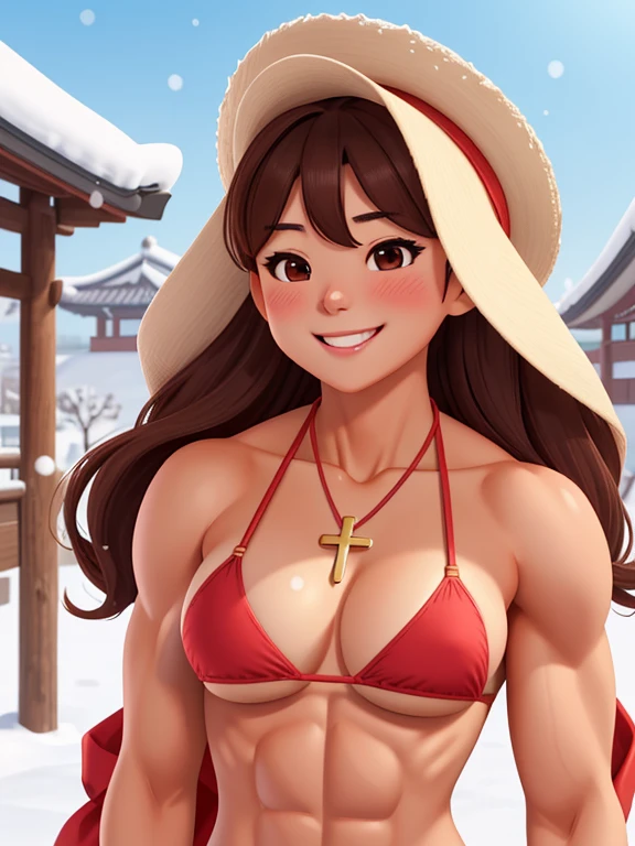 attractive korean woman, ripped muscle, muscular body, small , tan skin, smile(blush), bikini, cross necklace, sixpack abs, [ultra detailed skin:1.2], brown hair, long wavy hair, 8k uhd, pussy, body, crowd, public, snow, standing,