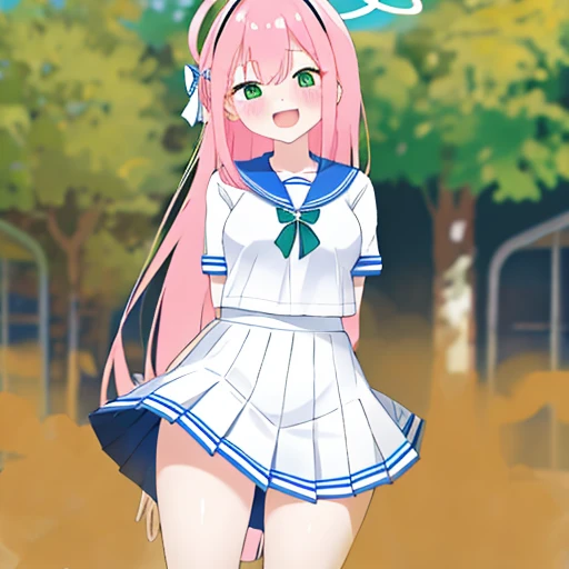 hanako \(blue archive\), braid, blue sailor collar, serafuku, white serafuku, ahoge, blurry background, smile, outdoors, white skirt, , sailor collar, open mouth, solo, pink hair, halo, large breasts, bow, green eyes, blush, short sleeves, 1girl, looking at viewer, long hair, pleated skirt, skirt,  shirt, blurry,arms behind back、おならをする、赤面、満足した笑顔、恥じらい