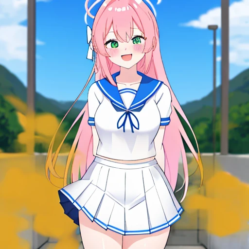 hanako \(blue archive\), braid, blue sailor collar, serafuku, white serafuku, ahoge, blurry background, smile, outdoors, white skirt, , sailor collar, open mouth, solo, pink hair, halo, large breasts, bow, green eyes, blush, short sleeves, 1girl, looking at viewer, long hair, pleated skirt, skirt,  shirt, blurry,arms behind back、おならをする、赤面、満足した笑顔、恥じらい