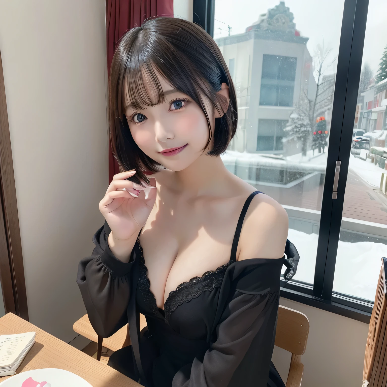 peace table, highest quality, figure, Super detailed, finely, High resolution, 8k wallpaper, 完璧なダイナミックな構figure, beautiful black eyes,Women's fashion in winter,short bob hair,big breasts, natural color lips., bold sexy pose,smile,Harajuku、20 year old girl、cute、sexy shot looking at camera., black brassiere、cute、Nogizaka、 beautiful girl、snow、window、warm room、beautiful ornament