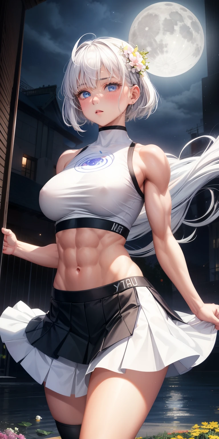 actual, 1 girl, white hair, blue eyes, glowing eyes, crop top, skirt, open lips, blush, Gym, flowers, night, moonlight, abdominal muscles, muscle , biceps