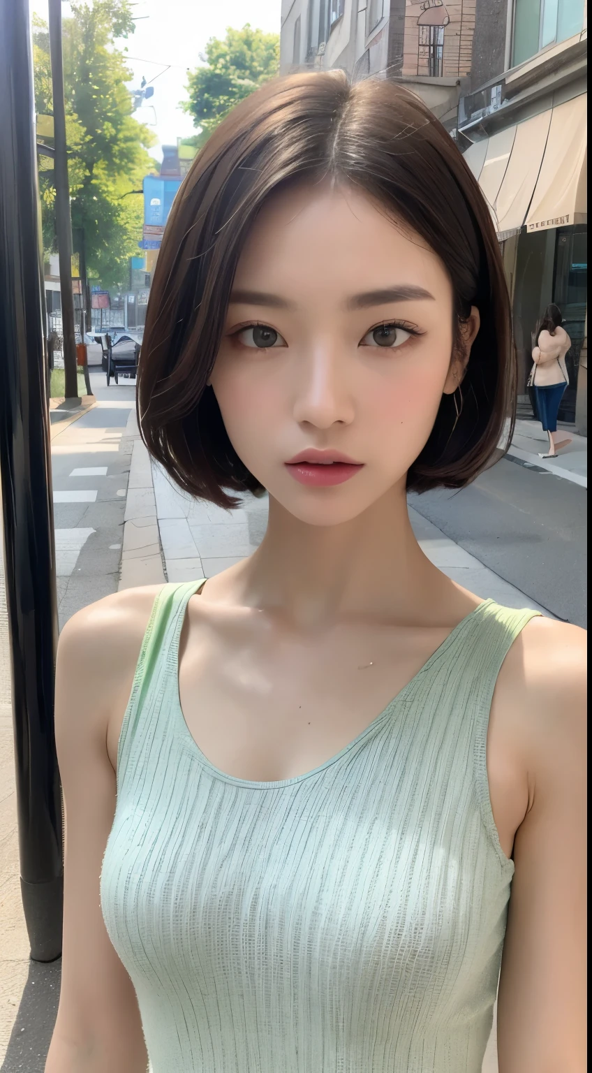 ((Highest image quality、8k、masterpiece:1.3))、whole body、Clear focus:1.2、Beautiful woman with outstanding style:1.4、slender abs:1.2、short hair、tank top dress:1.1、(neon、street:1.1)、Highly detailed face and skin texture、detailed eyes、double eyelid