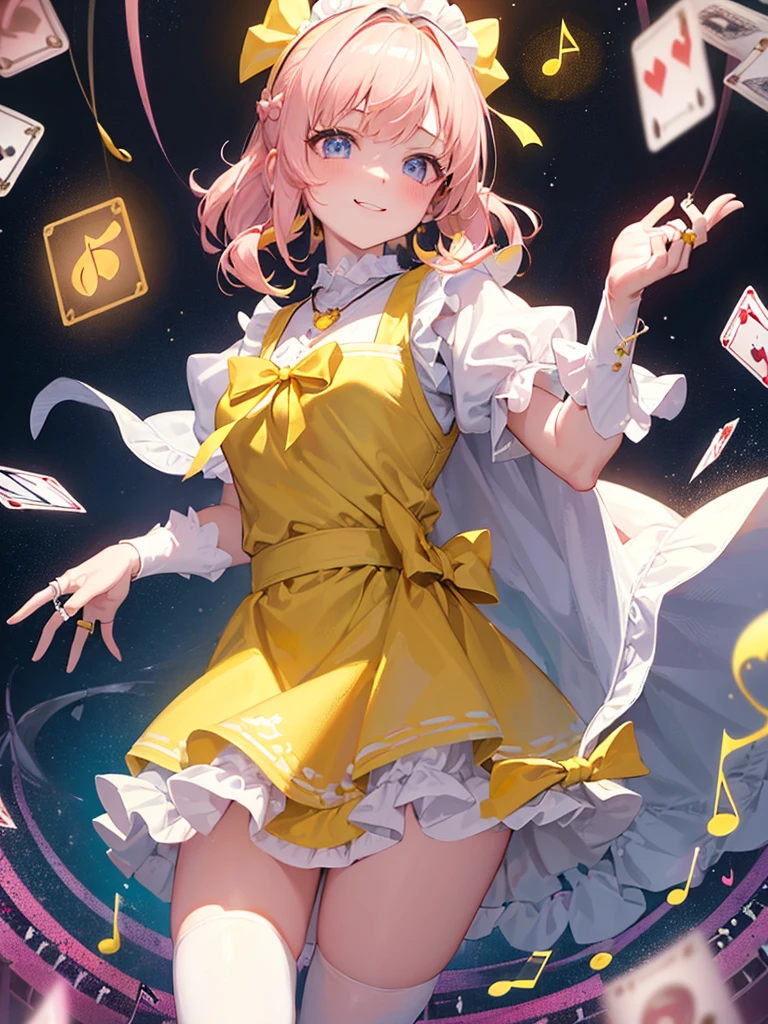 photo realistic, (masterpiece,best quality:1.4),(8k,raw photo,photo realistic:1.2),Not Safe for Work, detailed skin,detailed face,1girl,princess,Alice in Wonderland,cute face, super resolution,retro realistic details Illustration,
(((holding incomparably gigantic hammer))), A hammer imbued with magical power, ((yellow, checkered, frilled, yellow layered, yellow mini skirt, overskirt)), ((White ruffle apron)), ((shiny wavy hair)), diadems, ankle boots, doress, (((is turning))), feet up, (yellow frilled shirt), yellow gothic dresses, shairband, shortsleeves, the bow hair, happy, ;p, medium bob, (blonde hair), ((wavy hair)), shimmering eyes, Blue eyes, ((yellow shairband)), (((skirt-lift))), melting smile, a smile, red blush, yellow Doress, Alice (Alice in Wonderland), (((cape))), White frilled legwear, ((yellow the Bow)), Puffy Sleeves, Bangss, shortsleeves, ((yellow bow ribbon)), (long hair), (White frilled apron), (((tiara))), White frilled legwear, frilld, yellow gothic dresses,: q, ((Heart necklace)), ((ring)), masterpiece, top-quality, not safe for work, , child, 14 yo, braided bangs, arm garter, baby face ,twinkle in the eye, flat chest,
yumekawa,yumekawaii,pastel color,(wonderland:1.3),imagination, floating many (musical notes:1.4) with score, colorful musical notes, ((light Pink background)), (Multicolored lights),magic circlel, (((trading card))),