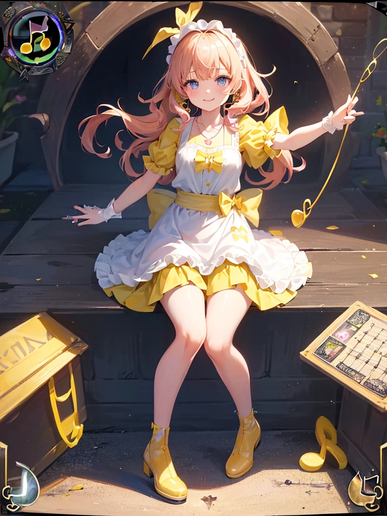 photo realistic, (masterpiece,best quality:1.4),(8k,raw photo,photo realistic:1.2),Not Safe for Work, detailed skin,detailed face,1girl,princess,Alice in Wonderland,cute face, super resolution,retro realistic details Illustration,
(((holding incomparably gigantic hammer))), A hammer imbued with magical power, ((yellow, checkered, frilled, yellow layered, yellow mini skirt, overskirt)), ((White ruffle apron)), ((shiny wavy hair)), diadems, ankle boots, doress, (((is turning))), feet up, (yellow frilled shirt), yellow gothic dresses, shairband, shortsleeves, the bow hair, happy, ;p, medium bob, (blonde hair), ((wavy hair)), shimmering eyes, Blue eyes,  ((yellow shairband)), (((skirt-lift))), melting smile, a smile, red blush, yellow Doress, Alice (Alice in Wonderland), (((cape))), White frilled legwear, ((yellow the Bow)), Puffy Sleeves, Bangss, shortsleeves, ((yellow bow ribbon)), (long hair), (White frilled apron), (((tiara))),  White frilled legwear, frilld, yellow gothic dresses,: q, ((Heart necklace)), ((ring)), masterpiece, top-quality, not safe for work, , child, 14 yo, braided bangs, arm garter, baby face ,twinkle in the eye, flat chest,
yumekawa,yumekawaii,pastel color,(wonderland:1.3),imagination, floating many (musical notes:1.4) with score, colorful musical notes, ((light Pink background)), (Multicolored lights),magic circlel, (((trading card))),