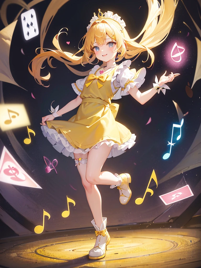 photo realistic, (masterpiece,best quality:1.4),(8k,raw photo,photo realistic:1.2),Not Safe for Work, detailed skin,detailed face,1girl,princess,Alice in Wonderland,cute face, super resolution,retro realistic details Illustration,
(((holding incomparably gigantic hammer))), A hammer imbued with magical power, ((yellow, checkered, frilled, yellow layered, yellow mini skirt, overskirt)), ((White ruffle apron)), ((shiny wavy hair)), diadems, ankle boots, doress, (((is turning))), feet up, (yellow frilled shirt), yellow gothic dresses, shairband, shortsleeves, the bow hair, happy, ;p, medium bob, (blonde hair), ((wavy hair)), shimmering eyes, Blue eyes,  ((yellow shairband)), (((skirt-lift))), melting smile, a smile, red blush, yellow Doress, Alice (Alice in Wonderland), (((cape))), White frilled legwear, ((yellow the Bow)), Puffy Sleeves, Bangss, shortsleeves, ((yellow bow ribbon)), (long hair), (White frilled apron), (((tiara))),  White frilled legwear, frilld, yellow gothic dresses,: q, ((Heart necklace)), ((ring)), masterpiece, top-quality, not safe for work, , child, 14 yo, braided bangs, arm garter, baby face ,twinkle in the eye, flat chest,
yumekawa,yumekawaii,pastel color,(wonderland:1.3),imagination, floating many (musical notes:1.4) with score, colorful musical notes, ((light Pink background)), (Multicolored lights),magic circlel, (((trading card))),