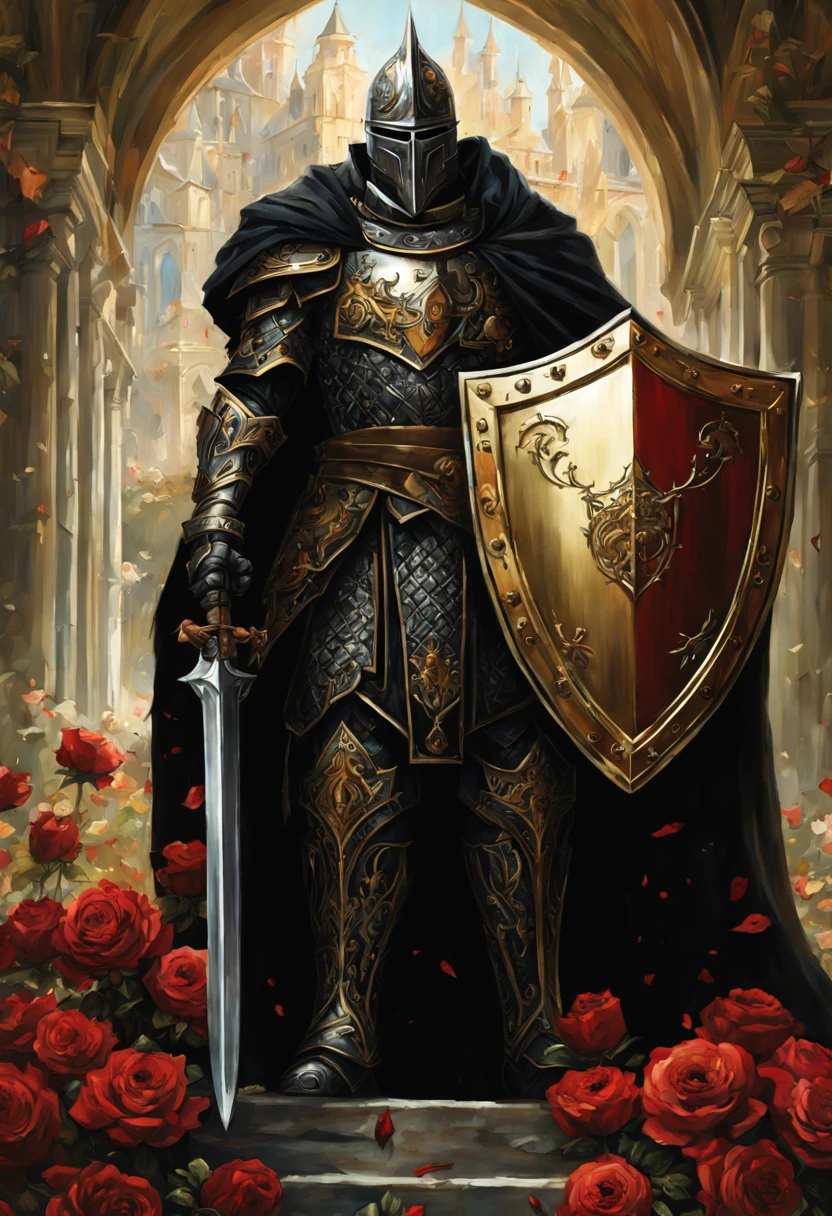 full length wide angle view Glorious Glorious Brigh Monarch King Knight wuth a (Shield:1.5) in a highly detailed Heavy black Knight armor guilded with gold,silver in a High holding a Gold and black and Crimson (Shield:1.5) ; gothic castle background; photorealistic, insanely detailed, meticulous, awe inspiring, magnificent, concept art, dark fantasy, gothic; Anne Stokes, Anna Dittman, Greg Rutowski, Josephine Wal High Gothic Dark Fantasy DarkSouls EldenRings Enchanted:Gothic : watercolor Glorious Brigh Monarch King Knight with a Long warm cloak holding a Long enchanted round (Shield:1.5) in a highly detailed Heavy black Knight armor guilded with gold,silver in a field of Colorfull Roses under an Eclipse ::| hyperdetailed: maximalist ::| Stunning masterpiece::| Jonas De Ro: russ mills, white roses and Blood red Roses under a warm Autumnal Morning Sunlight, Mark Brooks and Dan Mumford, comic book art, perfect, smooth, in Gouache Style, Watercolor, Museum Epic Impressionist Maximalist Masterpiece, Thick Brush Strokes, Impasto Gouache, thick layers of gouache watercolors textured on Canvas, 8k Resolution, Matte Painting