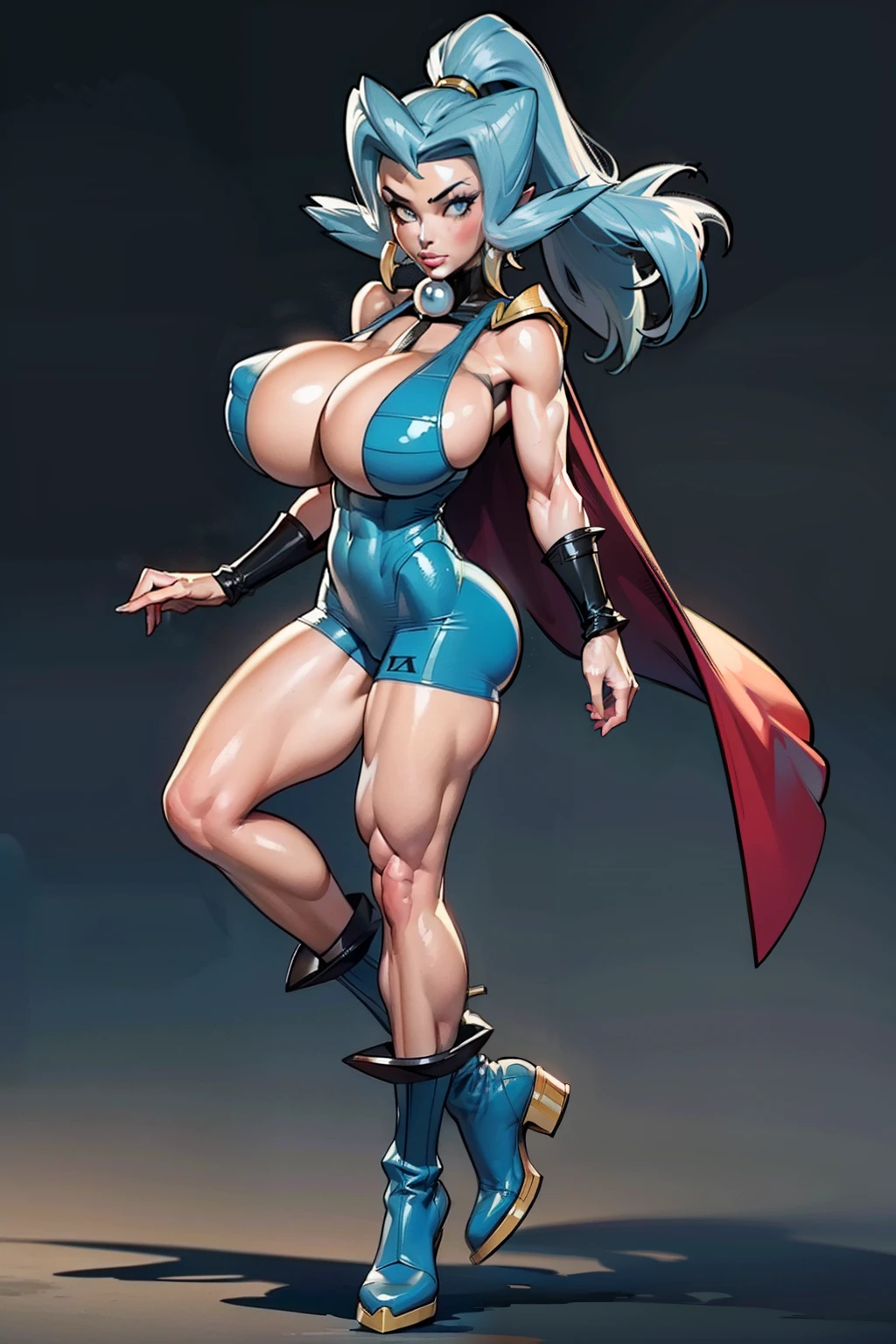 (3d render), Generate an illustration of a mature Clair, gym leader of pokemon, ponytail, holding a poke all, de terno preto, long hair, hair flows straight down, darkblue hair, (gigantic breasts:1.4), blue outfit in anime format with a serious style, (black cape), blue tights, blue boots, gothic make up, masterpiece, ((dark lighting)), black background, puffy lips,slendered abs, beautiful face,