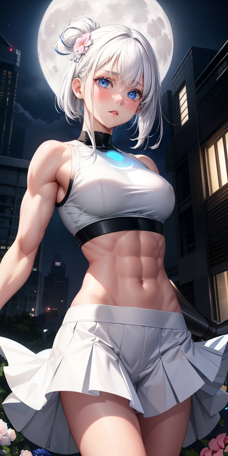 actual, 1 girl, white hair, blue eyes, glowing eyes, crop top, skirt, open lips, blush, Gym, flowers, night, moonlight, abdominal muscles, muscle , biceps