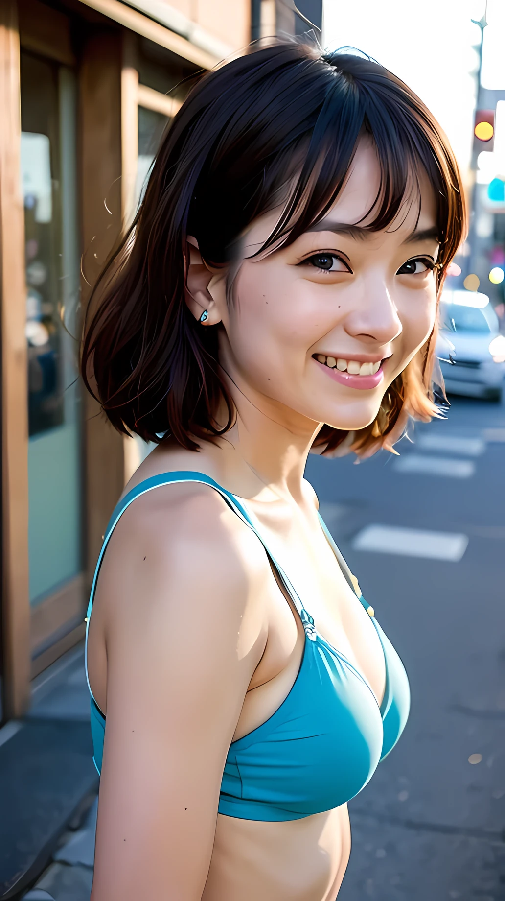 ((highest quality)), ((masterpiece)), (be familiar with), ((big breasts)), ((double)), perfect face ((((Japanese high school girl)))), (((japanese school swimsuit)), brown hair, ((Upper body)), bob,smile, ((((downtown japan)))), long eyelashes, (half),