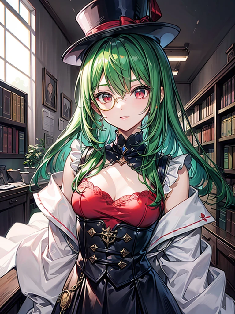 （（（masterpiece、Highest image quality、highest quality、highly detailed unity 8ｋwallpaper）））、（（Illustration of one girl、upper body））、（（（beautiful girl）））、（librarian）、（Emerald green hair、sidelocks：1.2、red eyes、crazy smile）、（（（flat chest）））、（monocle）、pocket watch、（（（Black top hat、tuxedo）））、great medieval library