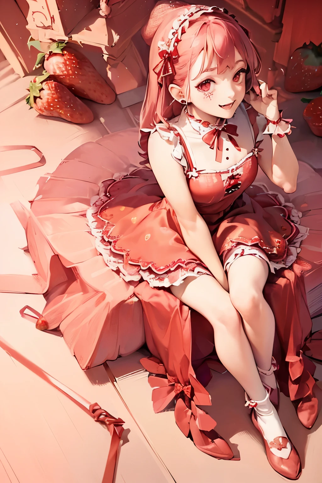 ((Strawberry-inspired costume)), ((skirt)), ((pantyhose)), ((Shiny Costumes)), skindentation, skinny, solo, 1 woman, Masterpiece, highest quality, highest quality, 16K, incredibly absurd, highly detailed, 2.5D, ai-generated, delicate and dynamic, very delicate facial expressions, delicate eye depiction, erotic, only sexy woman, ((A cute and kind face)), healthy figure, ((25-year-old woman)), 160cm tall, medium firm swaying bust, , blush, Sweat,Embarrassed,sexy, ((thin thighs)), (camel toe:0.7), (visible nipples:0.3), (Erect nipples,:0.7), shiny and lustrous, facing straight at viewer, (((in heat))), ((Oily_skin)), ((Lots of sweat)), (((Brown Skin))), ((dutch angle)), ((erotic pose)), (Sitting on a big strawberry),