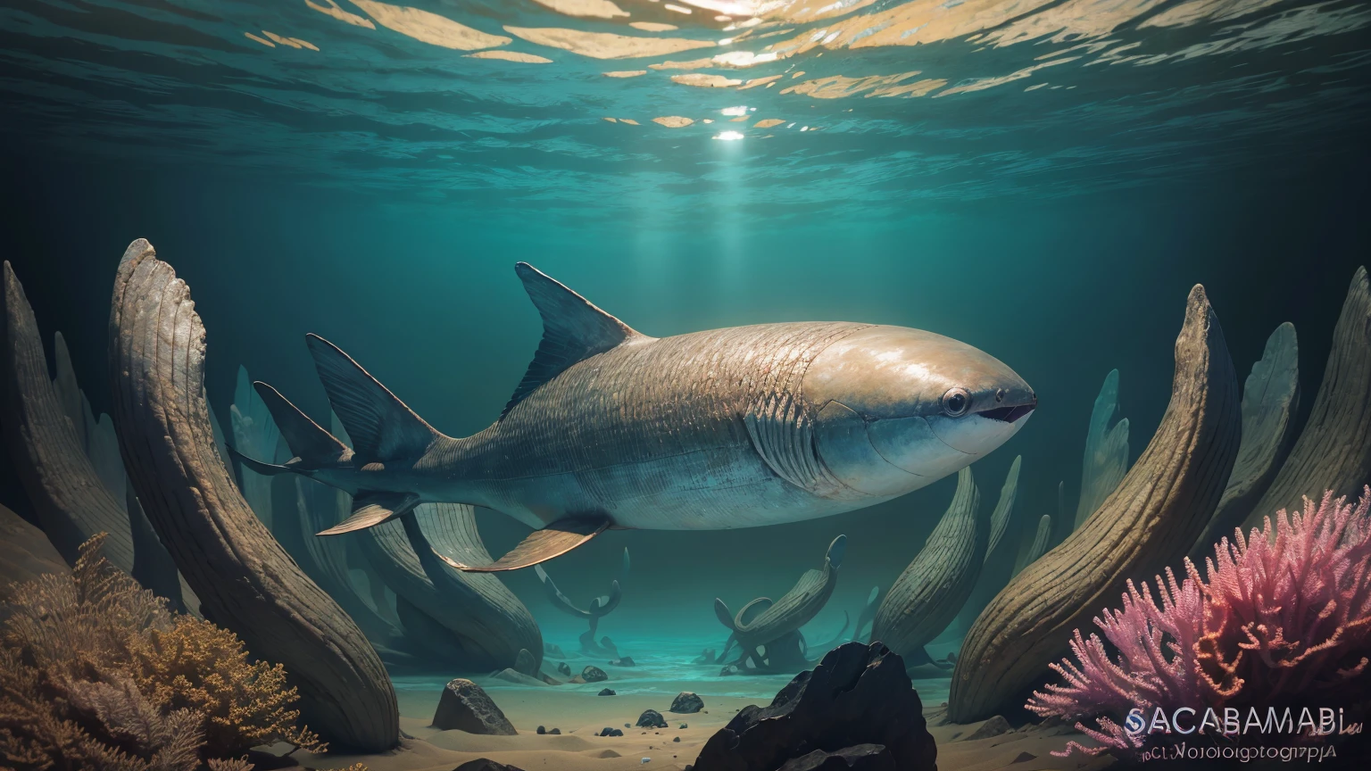 Landscape photography, not human,ancient sea,underwater,Sacabambaspis swim,beautiful scene,best quality, high quality,masterpiece,ultra-detailed