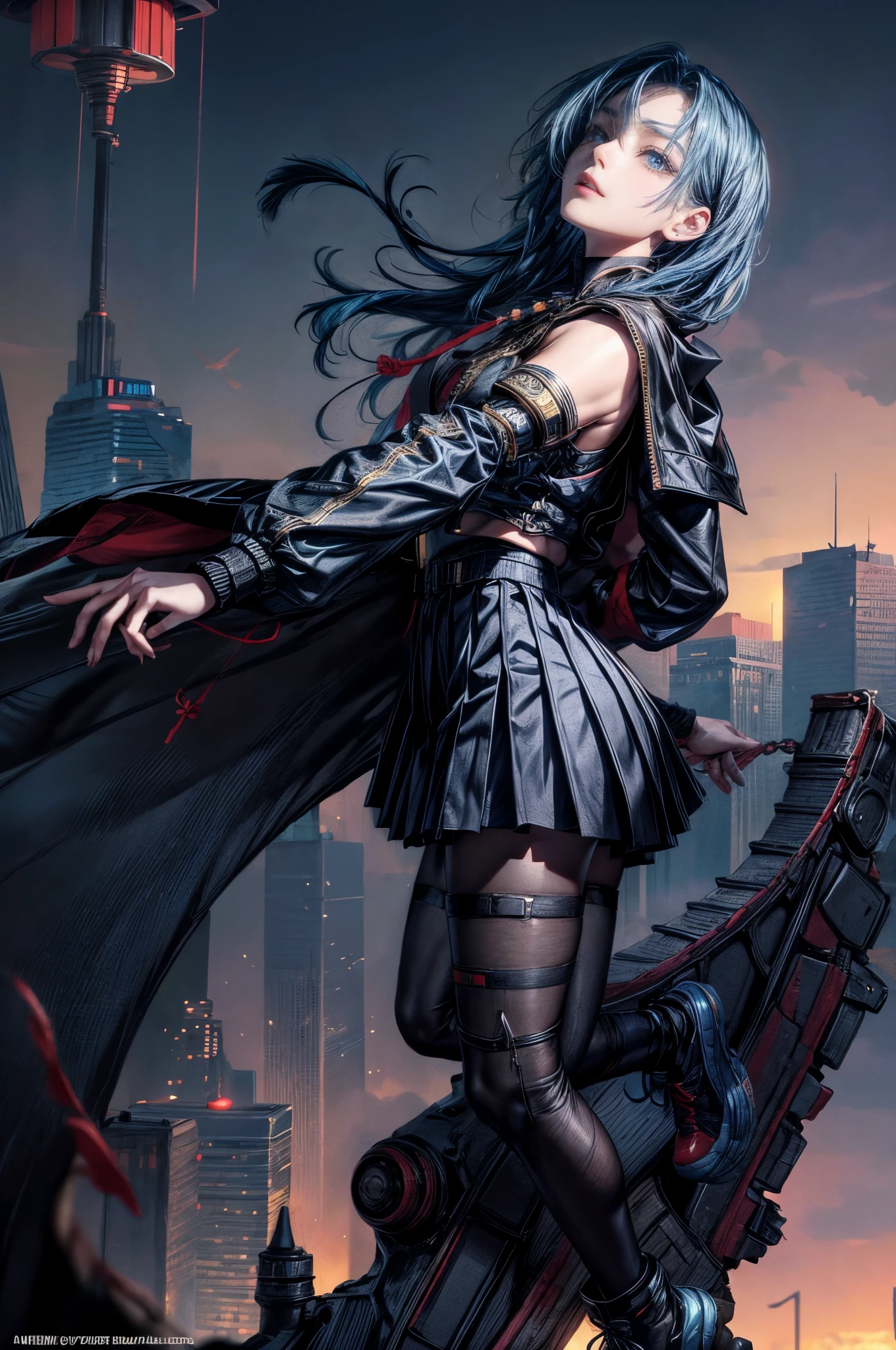 cinematic lighting、highly detailed skin,1 girl, highest quality,cyberpunk,(dim color, soothing tone:1.3),(20 year old beautiful woman、Detailed beautiful facial features、medium blue hair、shoulder length hair、blue eyes、Rosary Necklace)BREAK,BREAK、Wear a black cybertech short blouson on top、(Black sailor suit、navy color pleated skirt、black tights、black tech sneakers)BREAK.(jump acrobatic、The body is floating:1.5)、Very detailed and perfect human anatomy、(Face looking down、Look here、Very low angle:1.3)Looking up angle from the ground、jump up and down、Angle of the sky from the ground、Center of cyberpunk style buildings