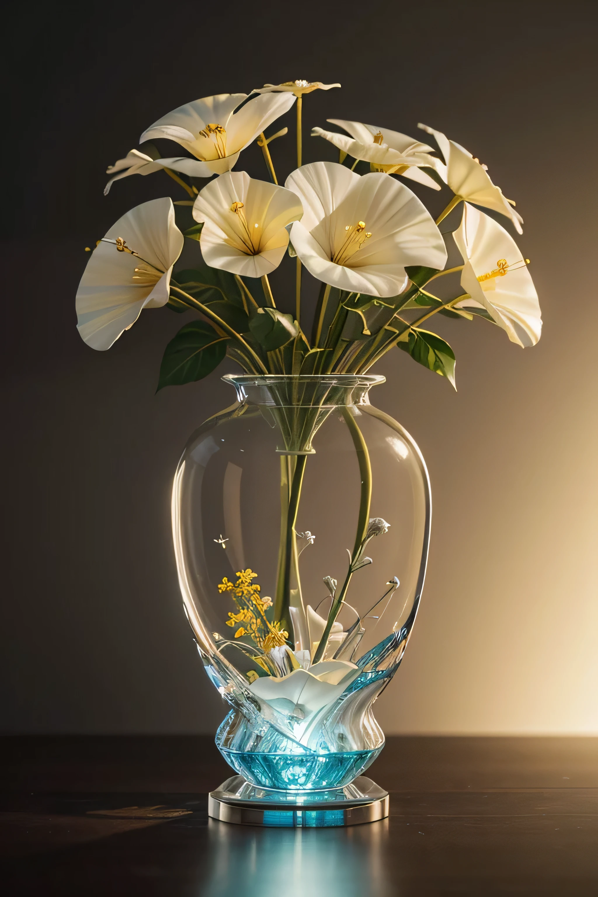 a beautiful 3d Female glass sculpture made of white pore fungi, morning glory flower, boho floral vines, murano round colored glass vases, yellow hibiscus flower, top lit, octane render, soft lighting, ultra detailed, 8 k, trending in artstation, gallery piece by barbara hepworth ,all made of glass