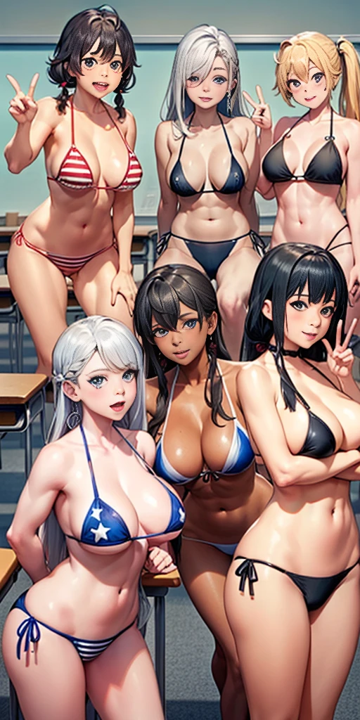 (masterpiece), maximum quality, (Colorful:1.1), (5 girls, group shot:1.4), (slim body:1.1), (huge :1.5), (dark skin:1.1), (muscles:1.1), blonde  hair, Silver hair, Twin tails, braid, forehead, (leaning forward:1.4), (Open your mouth, happy smile:1.1), (wink:1.2),peace sign, (stars and stripes bikini, microbikini:1.1), cowboy Shot, (Classroom:1.1), blackboards
