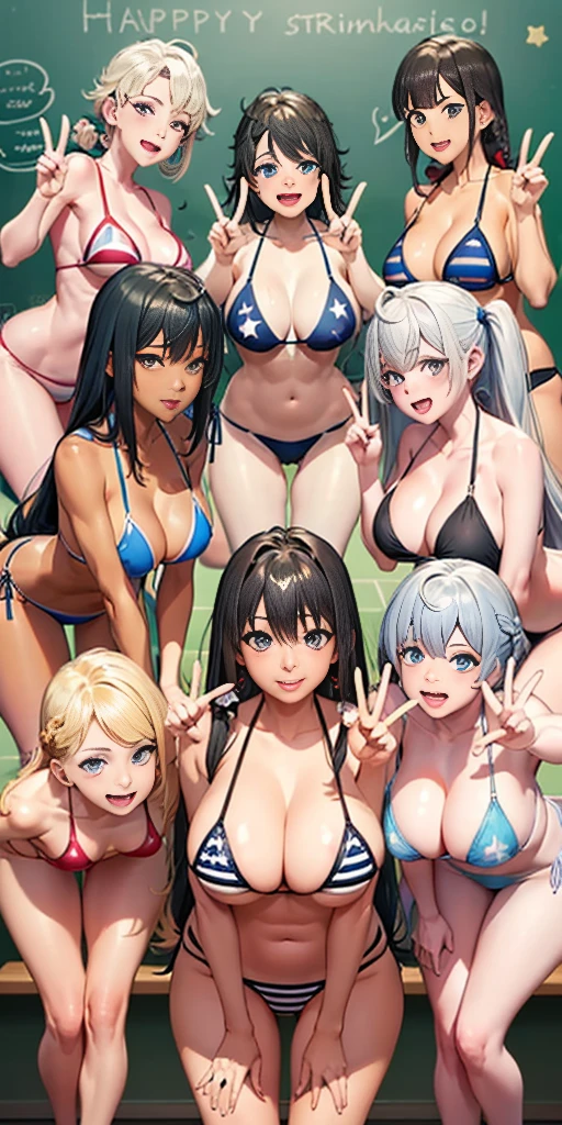 (masterpiece), maximum quality, (Colorful:1.1), (5 girls, group shot:1.4), (slim body:1.1), (huge :1.5), (dark skin:1.1), (muscles:1.1), blonde hair, Silver hair, Twin tails, braid, forehead, (leaning forward:1.4), (Open your mouth, happy smile:1.1), (wink:1.2),peace sign, (stars and stripes bikini, microbikini:1.1), cowboy Shot, (Classroom:1.1), blackboards