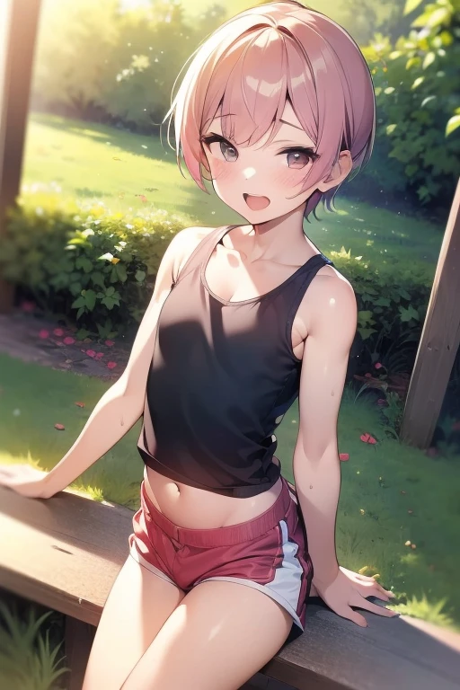 (masterpiece), best quality, (SHARP details), 4k, (SHARP detail perfect face), short hair, pink hair, nice ass, outdoors, sweat, (slutty clothes), detailed skin, ((visible 11 year old boy)), (female facial expression: lewd, open mouth), full body shot, (wearing (tight tank top) and ((hotpants) with (small bulge in pants))), visible navel, cute, girly,