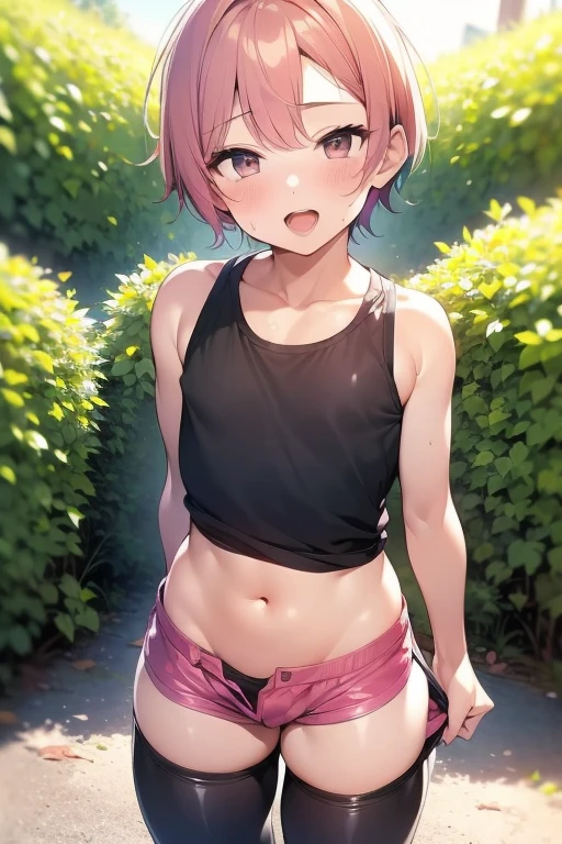 (masterpiece), best quality, (SHARP details), 4k, (SHARP detail perfect face), short hair, pink hair, nice ass, outdoors, sweat, (slutty clothes), detailed skin, ((visible  boy)), (female facial expression: lewd, open mouth), full body shot, (wearing (tight tank top) and ((hotpants) with (small bulge in pants))), visible navel, cute, girly,