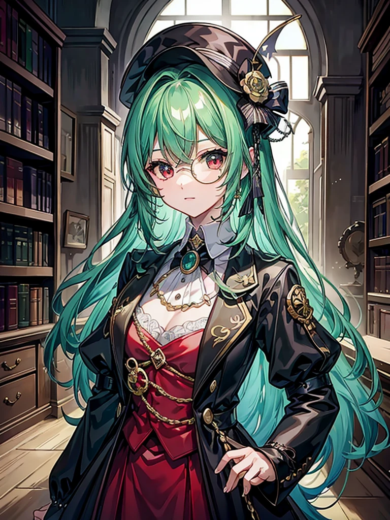 (((masterpiece、Highest image quality、highest quality、highly detailed unity 8kwallpaper)))、((Illustration of one girl、upper body))、(((beautiful girl)))、(librarian)、(Emerald green hair、sidelocks:1.2、red eyes、crazy smile)、(((flat chest)))、(monocle)、pocket watch、(((Black top hat、tuxedo)))、great medieval library