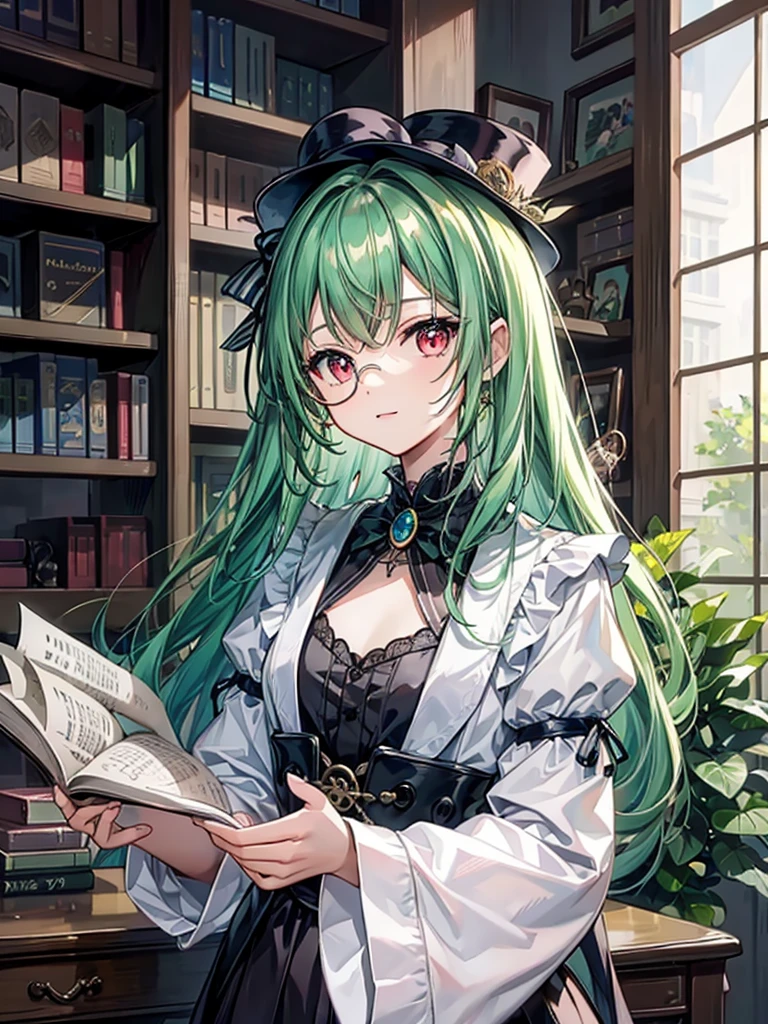 (((masterpiece、Highest image quality、highest quality、highly detailed unity 8kwallpaper)))、((Illustration of one girl、upper body))、(((beautiful girl)))、(librarian)、(Emerald green hair、sidelocks:1.2、red eyes、crazy smile)、(((flat chest)))、(monocle)、pocket watch、(((Black top hat、tuxedo)))、great medieval library