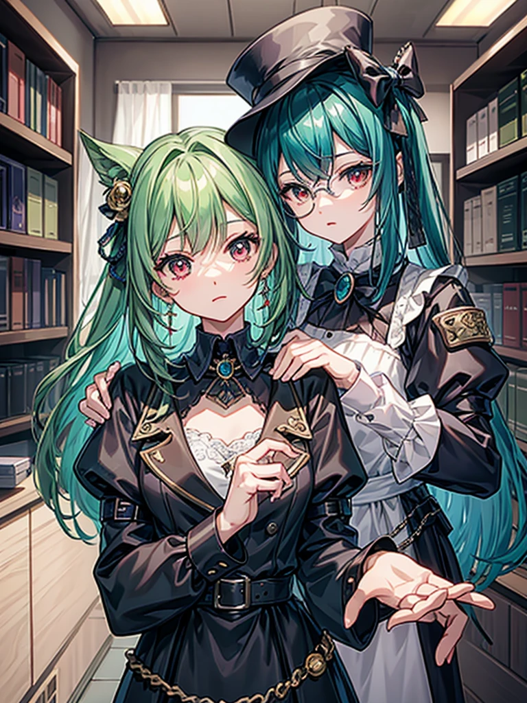 （（（masterpiece、Highest image quality、highest quality、highly detailed unity 8ｋwallpaper）））、（（Illustration of one girl、upper body））、（（（beautiful girl）））、（librarian）、（Emerald green hair、sidelocks：1.2、red eyes、crazy smile）、（（（flat chest）））、（monocle）、pocket watch、（（（Black top hat、tuxedo）））、great medieval library