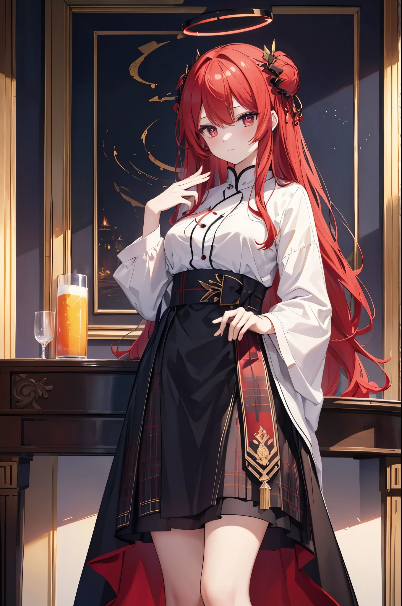 a human girl，side view，top view，Royal sister的身材，female face，Poker face，Long straight red hair，red hair，red eyes，Eyes with vertical pupils，There are highlights in the eyes，female hands，novice，Normal fingers，All the time with your hands crossed at the waist，Wear a white shirt，Wearing a black plaid skirt，There is a red halo on the head，Flame pattern in halo，masterpiece，Exquisite and exquisite two-dimensional exquisite painting style，Exquisite and delicate，8K high quality，CG wallpaper，HD，Large，solo，tomorrow ark风格，tomorrow ark，Large，Royal sister，Royal sister的气质，Royal sister的身材，Tall and plump body，solo，All the time with your hands crossed at the waist，There is a red halo on the head，Flame pattern in halo