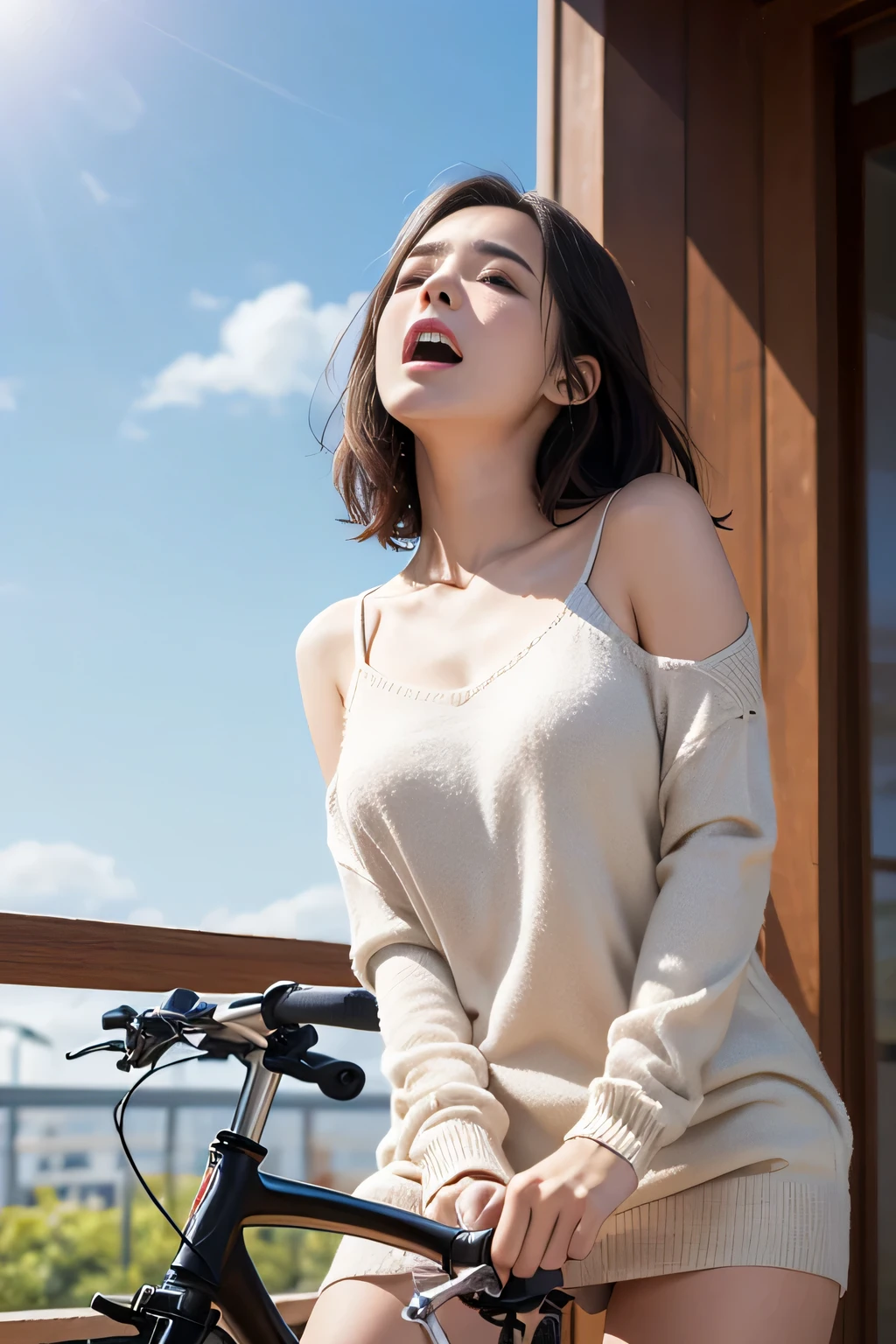 (((best image quality、highest quality、At 32K、ticker、Raw photo 1.2、very clear image、very clear image quality、realistic 1.3、super photographic，highest quality、CG unity 32k wallpaper, highest quality, High resolution:1.2)))、Beautiful 20s shoulder length sweater，lace pantyhose, white top and bottom underwear, random color，long sweater，climax、climax、my pussy feels good、Raw photo with both close your eyes, cute face、body、Esbian、1 camisole、look up、plus size model、Feeling ecstasy、close your eyes、Deep sorrow、sad、Please look up at the sky、open your mouth、scream、 written boundary depth，real light，ray tracing，OC renderer，UE5 renderer，works of masters，correct anatomy、I feel very、ride a bike 1.4、I feel it in the saddle