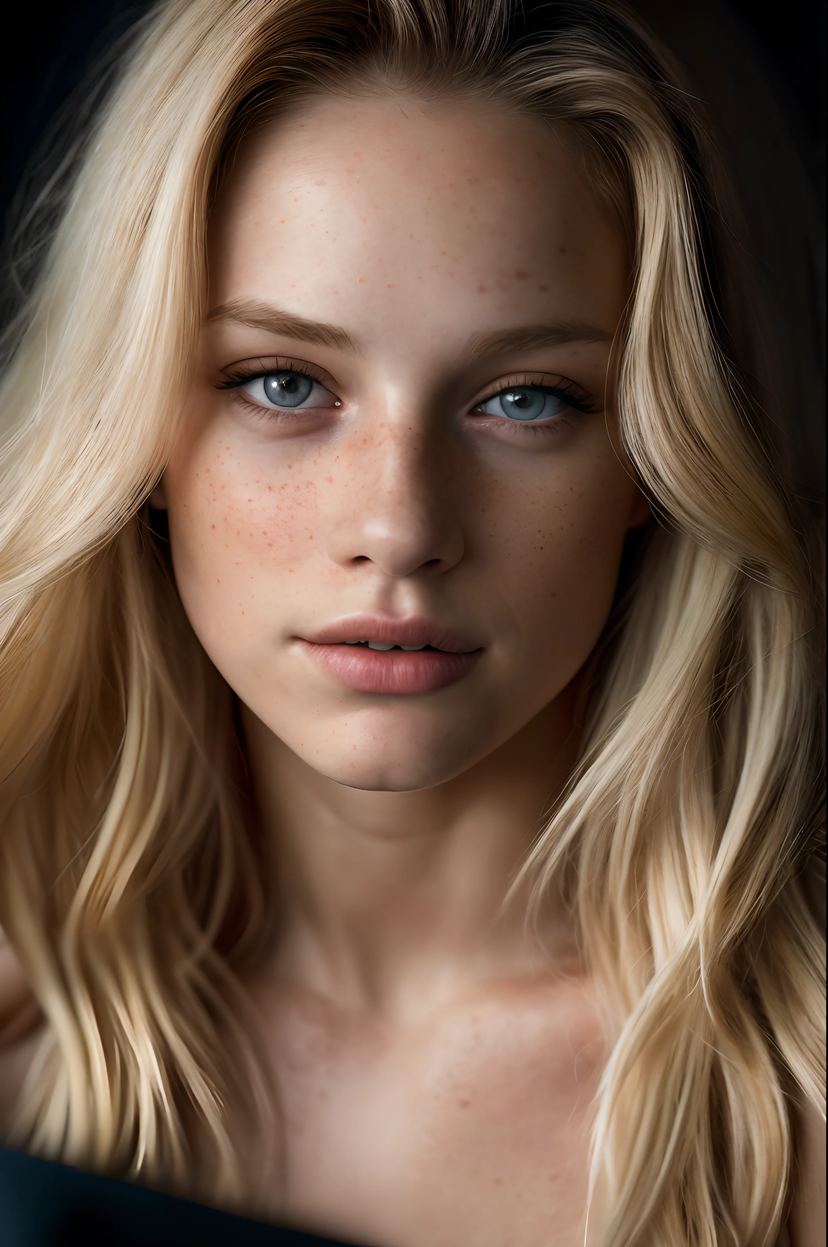 (close-up, editorial photograph of a 21 year old blond woman with freckles), (highly detailed face:1.4) (smile:0.7) (background inside dark, moody, private study:1.3) POV, by lee jeffries, nikon d850, film stock photograph ,4 kodak portra 400 ,camera f1.6 lens ,rich colors ,hyper realistic ,lifelike texture, dramatic lighting , cinestill 800,