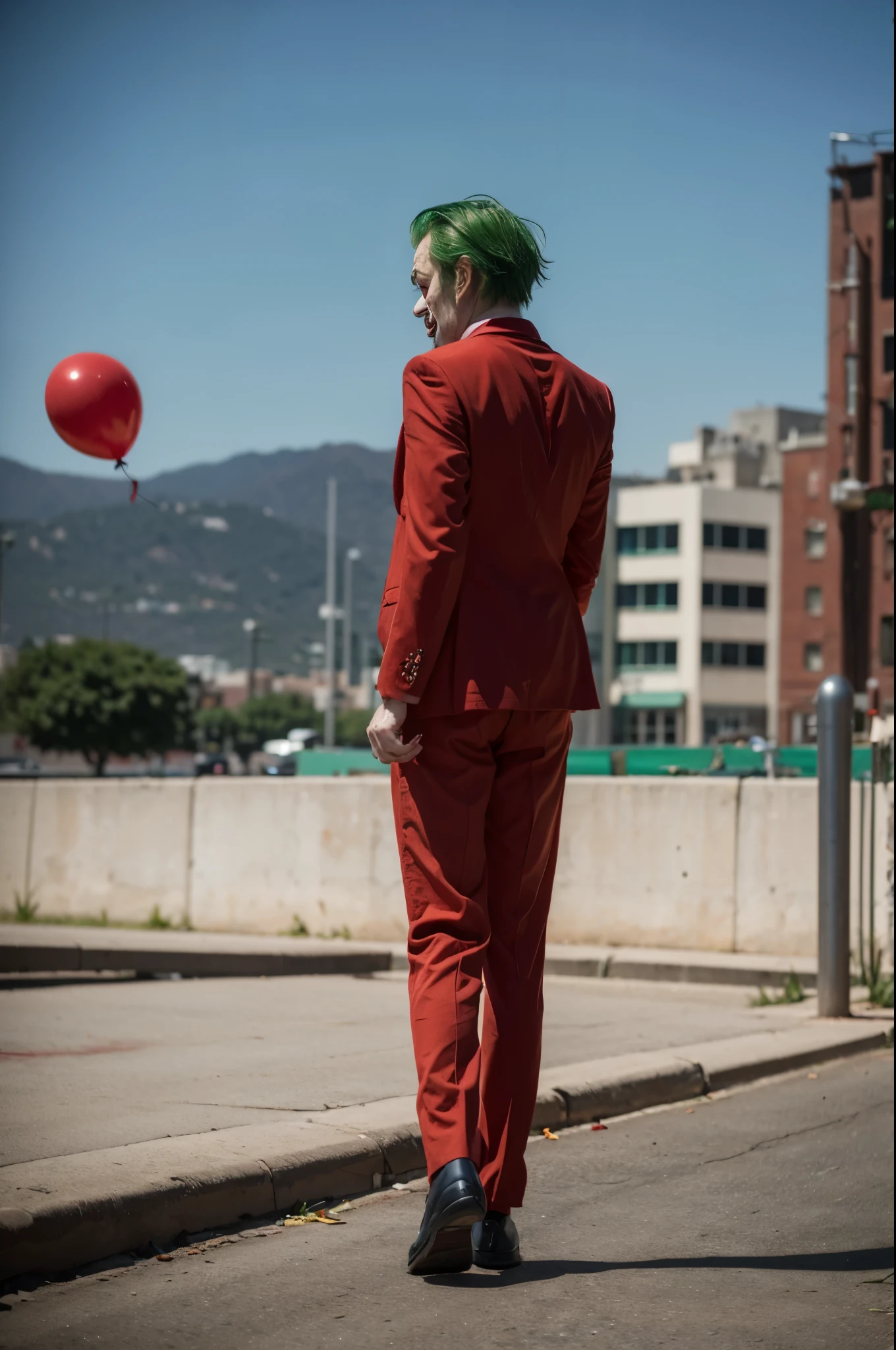 There is a sense of sadness、Looks tired、Red suit、bad posture、Man in his 50s、Green hair color、holding a red balloon in one hand、joker atmosphere、Model Solo、american clown、sad clown、back view、Walking Posing、Retro cityscape、Clown attire