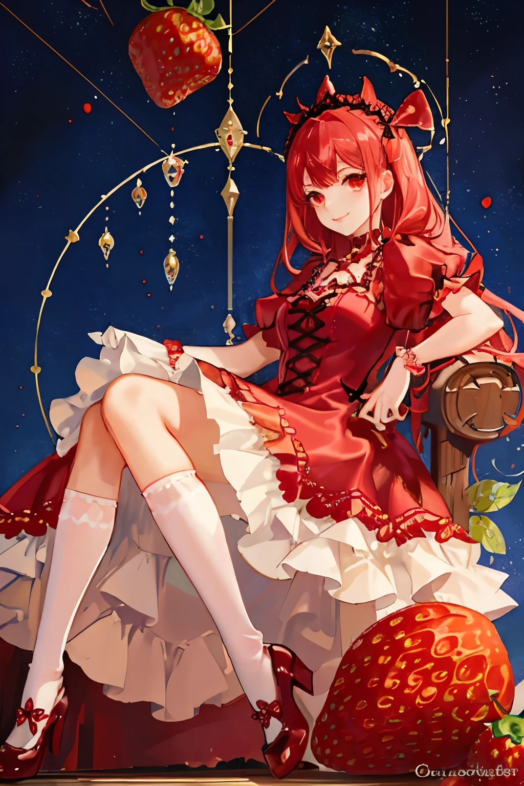 (pastel-red theme:1.3), ((Strawberry Gothic Dress with Strawberry pattern:1.4)), (Strawberry ornament:1.3),
(red big ribbon:1.3), (Strawberry earrings:1.2),
(white Knee High Socks:1.3),(smile:1.2),(cute pose:1.3),(Eye size:1.5),(high resolution:1.5),(Vibrant color:1.4),(close up of face),(Goth style:1.25),(perspective from below:1.3)