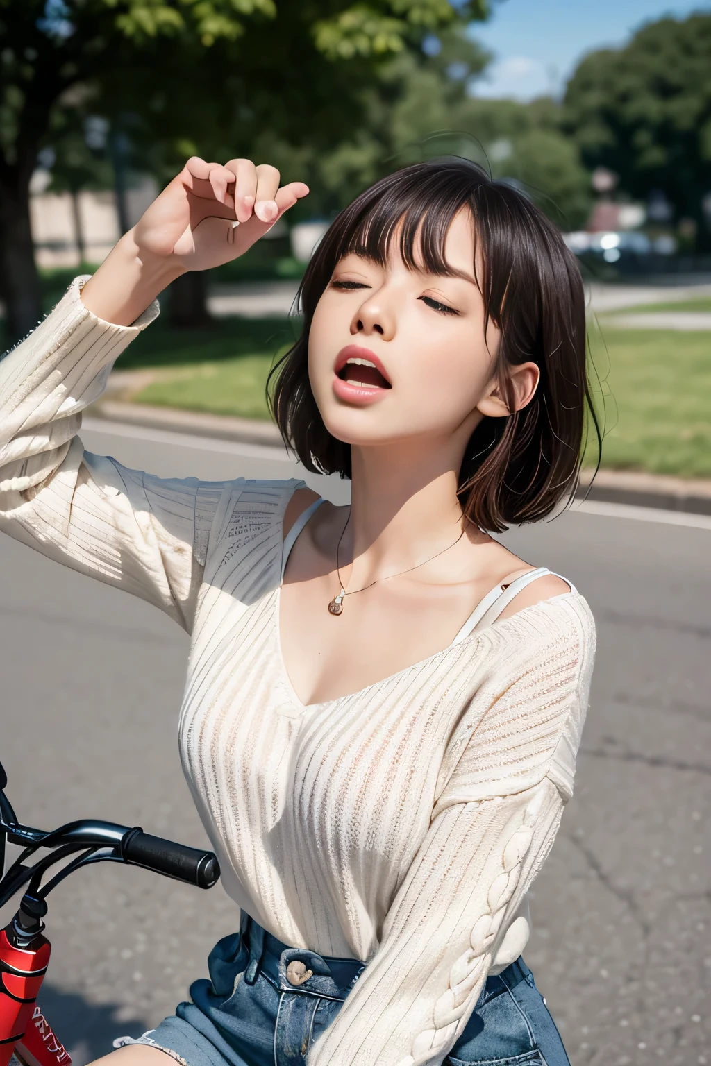 (((best image quality、highest quality、At 32K、ticker、Raw photo 1.2、very clear image、very clear image quality、realistic 1.3、super photographic，highest quality、CG unity 32k wallpaper, highest quality, High resolution:1.2)))、Beautiful 20s shoulder length sweater，lace pantyhose, white top and bottom underwear, random color，long sweater，climax、climax、my pussy feels good、Raw photo with both close your eyes, cute face、body、Esbian、1 camisole、look up、plus size model、Feeling ecstasy、close your eyes、Deep sorrow、sad、Please look up at the sky、open your mouth、scream、 written boundary depth，real light，ray tracing，OC renderer，UE5 renderer，works of masters，correct anatomy、I feel very、ride a bike 1.4、I feel it in the saddle