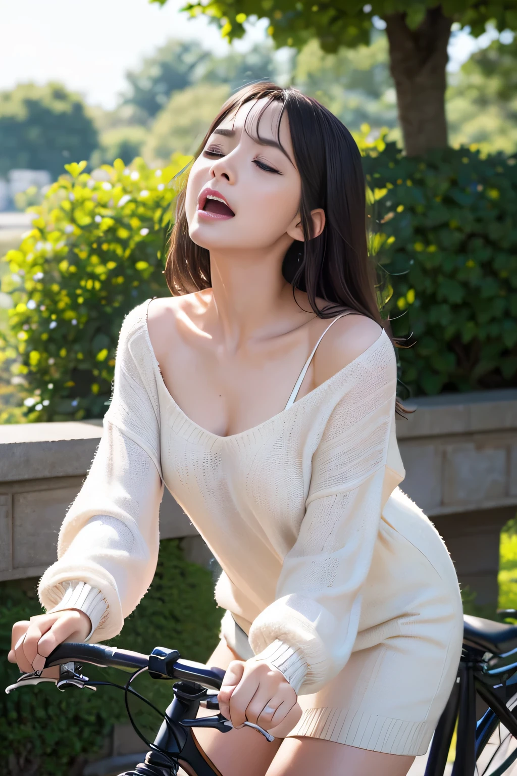 (((best image quality、highest quality、At 32K、ticker、Raw photo 1.2、very clear image、very clear image quality、realistic 1.3、super photographic,highest quality、CG unity 32k wallpaper, highest quality, High resolution:1.2)))、Beautiful 20s shoulder length sweater,lace pantyhose, white top and bottom underwear, random color,long sweater,climax、climax、my pussy feels good、Raw photo with both close your eyes, cute face、body、Esbian、1 camisole、look up、plus size model、Feeling ecstasy、close your eyes、Deep sorrow、sad、Please look up at the sky、open your mouth、scream、 written boundary depth,real light,ray tracing,OC renderer,UE5 renderer,works of masters,correct anatomy、I feel very、ride a bike 1.4、I feel it in the saddle