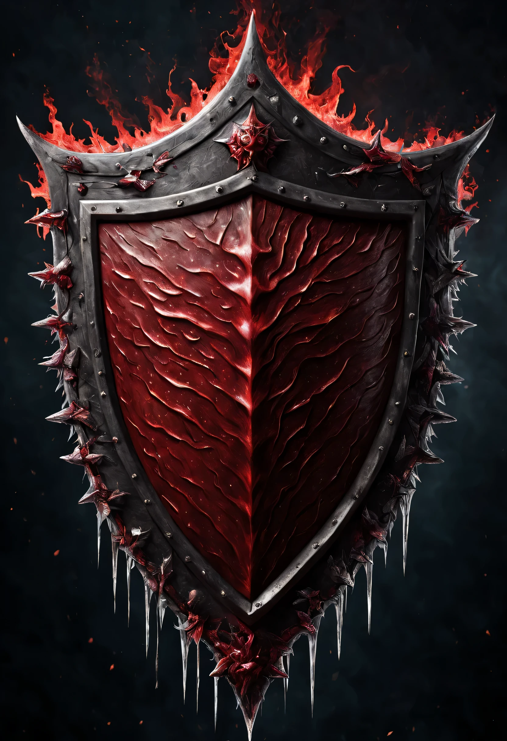 antasy art, dnd art, RPG art, wide shot a picture of a (shield: 1.5) with a female vampire head engraved on the shield, blood dripping, vampiric fangs, high details, best quality, 16k, [ultra detailed], masterpiece, best quality, (extremely detailed), close up, photorealistic, RAW, fantasy art, dnd art, fantasy art, realistic art,