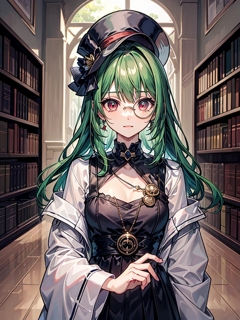 （（（masterpiece、Highest image quality、highest quality、highly detailed unity 8ｋwallpaper）））、（（Illustration of one girl、upper body））、（（（beautiful girl）））、（librarian）、（Emerald green hair、sidelocks：1.2、red eyes、crazy smile）、（（（flat chest）））、（monocle）、pocket watch、（（（Black top hat、tuxedo）））、great medieval library
