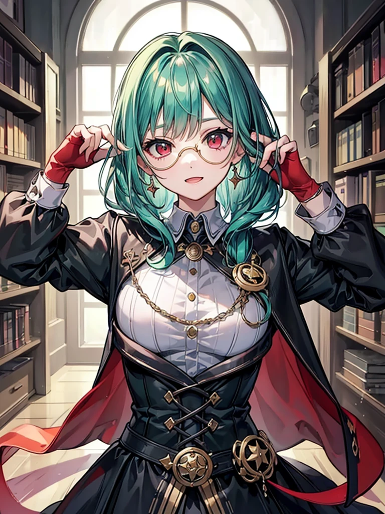 （（（masterpiece、Highest image quality、highest quality、highly detailed unity 8ｋwallpaper）））、（（Illustration of one girl、upper body））、（（（beautiful girl）））、（librarian）、（Emerald green hair、sidelocks：1.2、red eyes、crazy smile）、（（（flat chest）））、（monocle）、pocket watch、（（（Black top hat、tuxedo）））、great medieval library
