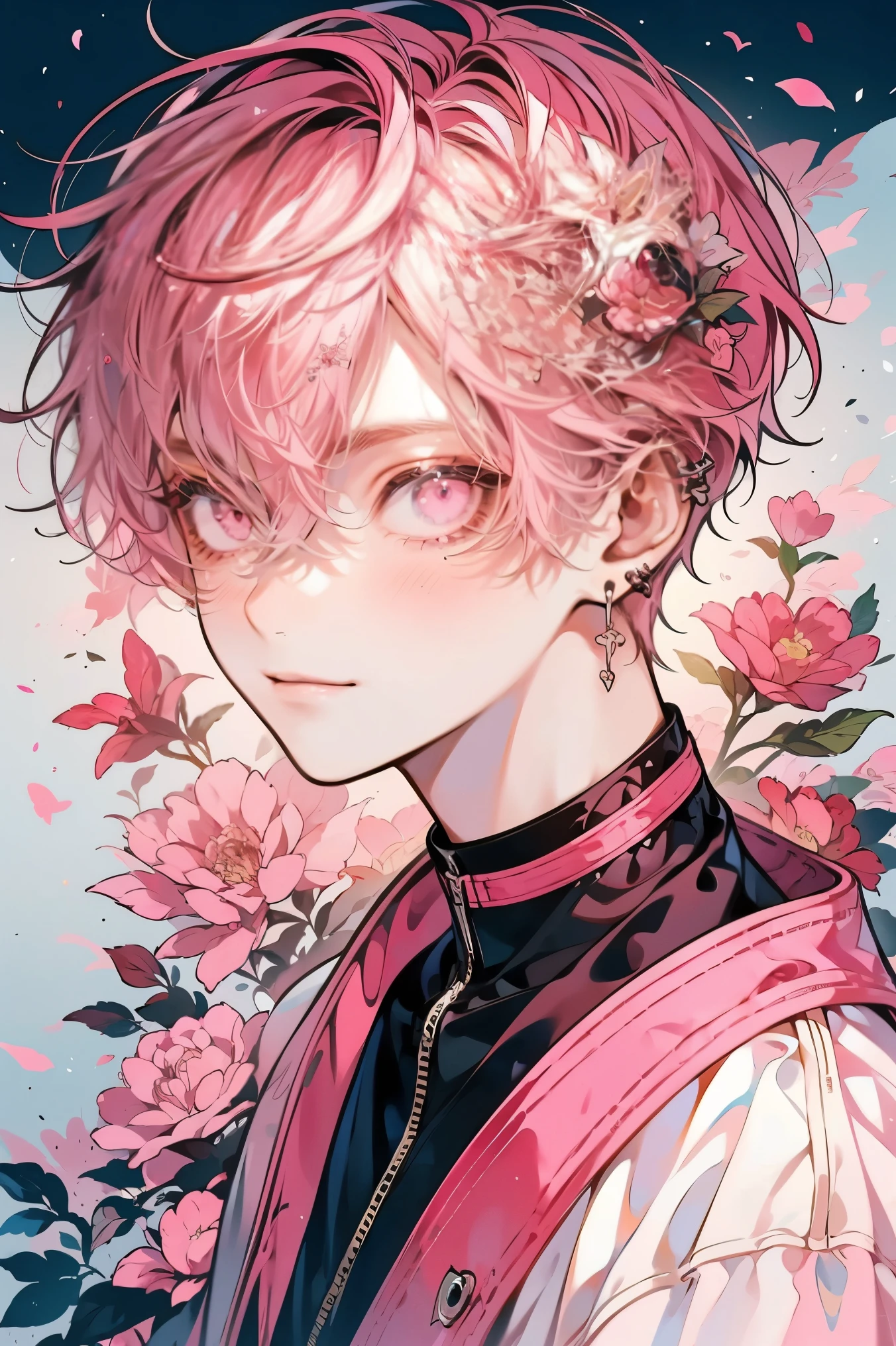 (masutepiece), (Best Quality), Highly detailed, 1 boy, Solo Focus,Perfect face, Beautiful face, extra detailed face,(Pink hair short:1.3),(Pink eyes:1.3),florals,butterflys々,floralsびら,optic,kirakira,a smile