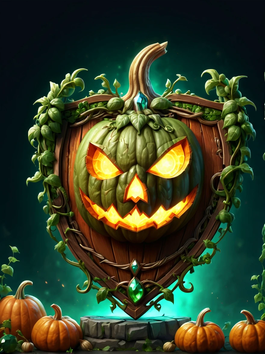 High quality concept game art of Fantasy Pumpkin Shield, simple background, extremely detailed, glowing clear gem power made of intricate pumpkin vines, concept weapon art