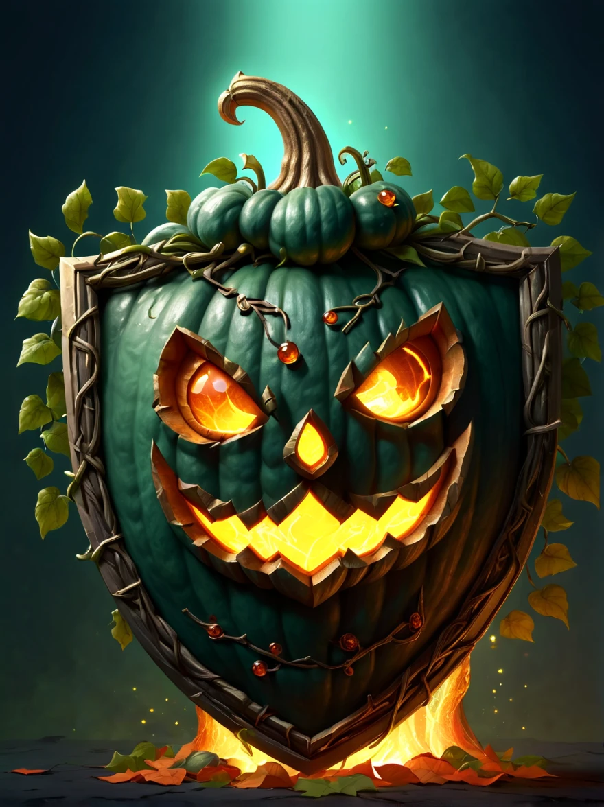 High quality concept game art of Fantasy Pumpkin Shield, simple background, extremely detailed, glowing clear gem power made of intricate pumpkin vines, concept weapon art