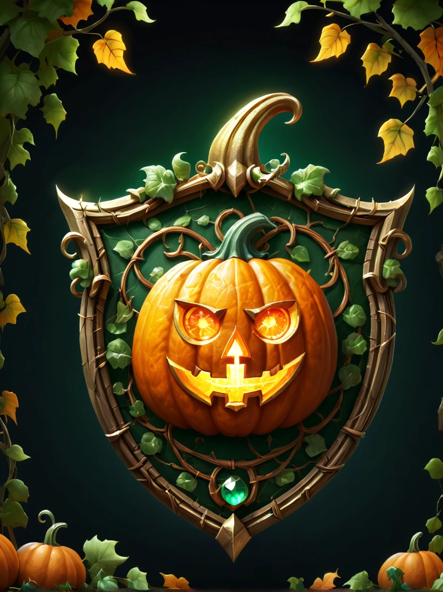 High quality concept game art of Fantasy Pumpkin Shield, simple background, extremely detailed, glowing clear gem power made of intricate pumpkin vines, concept weapon art