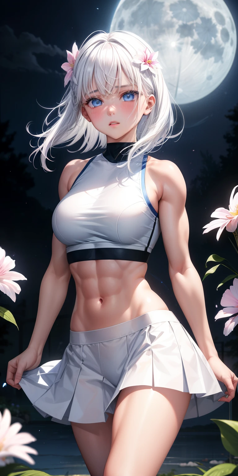 actual, 1 girl, white hair, blue eyes, glowing eyes, crop top, skirt, open lips, blush, Gym, flowers, night, moonlight, abdominal muscles, muscle , biceps