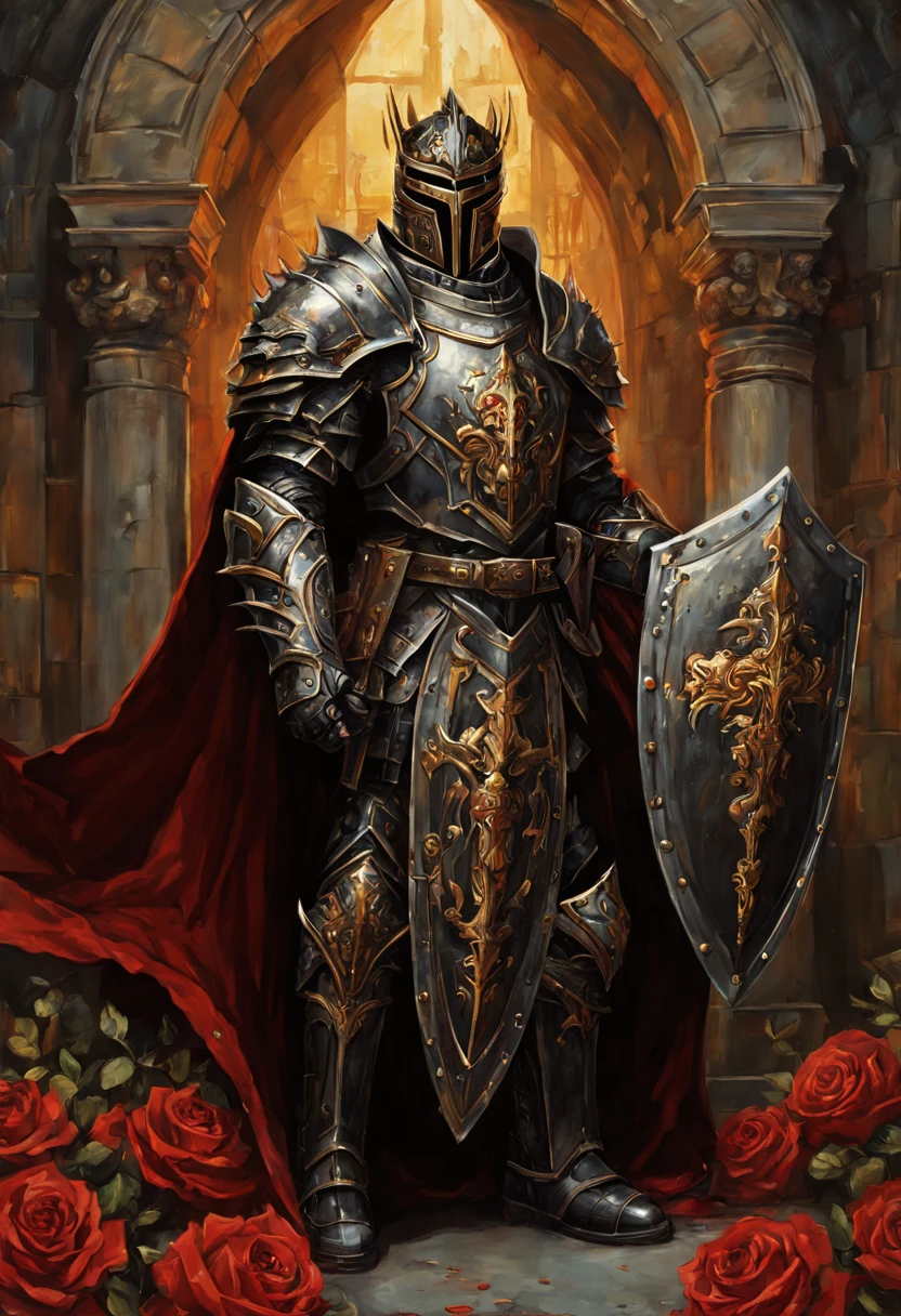 full length wide angle view Glorious Glorious Brigh Monarch King Knight wuth a (Shield:1.5) in a highly detailed Heavy black Knight armor guilded with gold,silver in a High holding a Gold and black and Crimson (Shield:1.5) ; gothic castle background; photorealistic, insanely detailed, meticulous, awe inspiring, magnificent, concept art, dark fantasy, gothic; Anne Stokes, Anna Dittman, Greg Rutowski, Josephine Wal High Gothic Dark Fantasy DarkSouls EldenRings Enchanted:Gothic : watercolor Glorious Brigh Monarch King Knight with a Long warm cloak holding a Long enchanted round (Shield:1.5) in a highly detailed Heavy black Knight armor guilded with gold,silver in a field of Colorfull Roses under an Eclipse ::| hyperdetailed: maximalist ::| Stunning masterpiece::| Jonas De Ro: russ mills, white roses and Blood red Roses under a warm Autumnal Morning Sunlight, Mark Brooks and Dan Mumford, comic book art, perfect, smooth, in Gouache Style, Watercolor, Museum Epic Impressionist Maximalist Masterpiece, Thick Brush Strokes, Impasto Gouache, thick layers of gouache watercolors textured on Canvas, 8k Resolution, Matte Painting