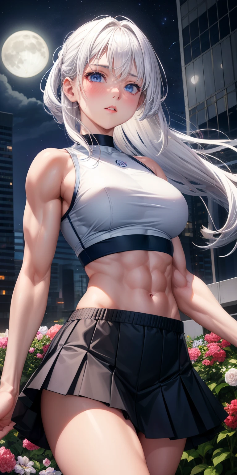 actual, 1 girl, white hair, blue eyes, glowing eyes, crop top, skirt, open lips, blush, Gym, flowers, night, moonlight, abdominal muscles, muscle , biceps
