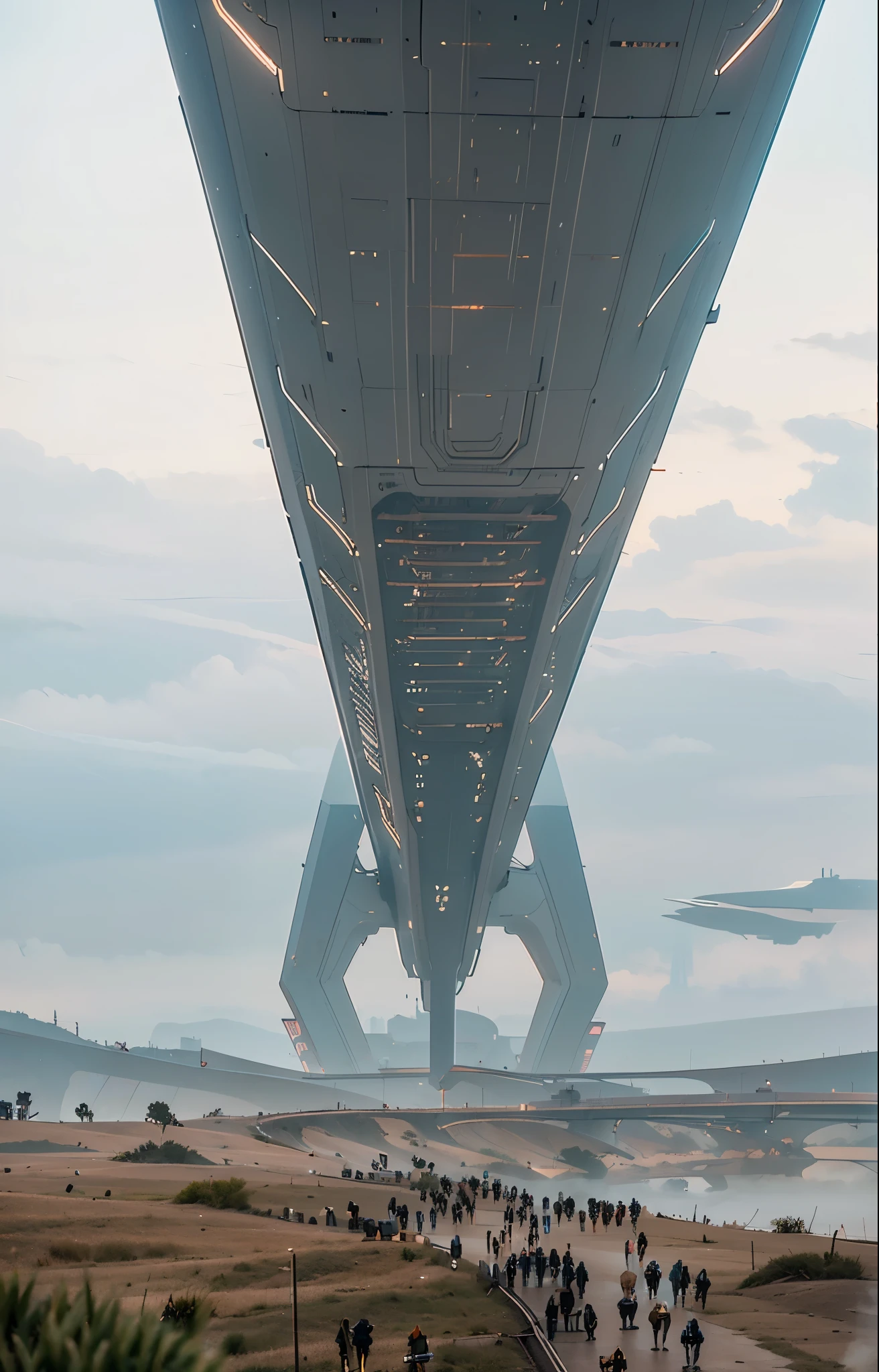 Sense of future technology，cyberpunk，reality，It feels like aliens are coming，It feels like a spaceship is coming，Get rid of these characters，Add a bit of haze，Image quality，Change the bridge into an alien spaceship，Dusk feeling，suffocating feeling，despair，Dark style