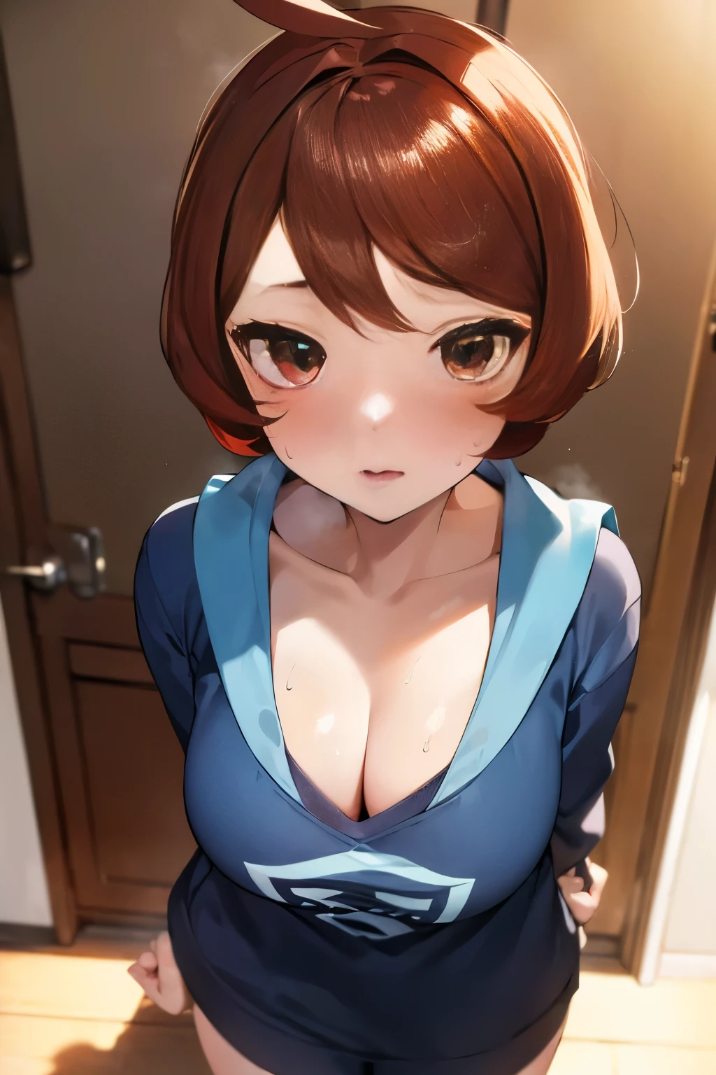 （master piece），（best quality），8K，high details,throw_doorway,1 girl,blush,looking for_in_viewer,(cleavage:0.7),、I&#39;m horny、sweating、Pokémon Ares, brown hair, cowlick, short hair, (brown eyes:1.5), 、NSFW,